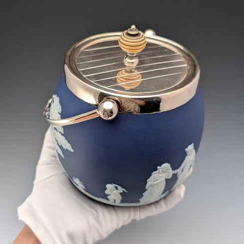 Antique British Wedgwood Biscuit Barrel Jasperware Royal Blue